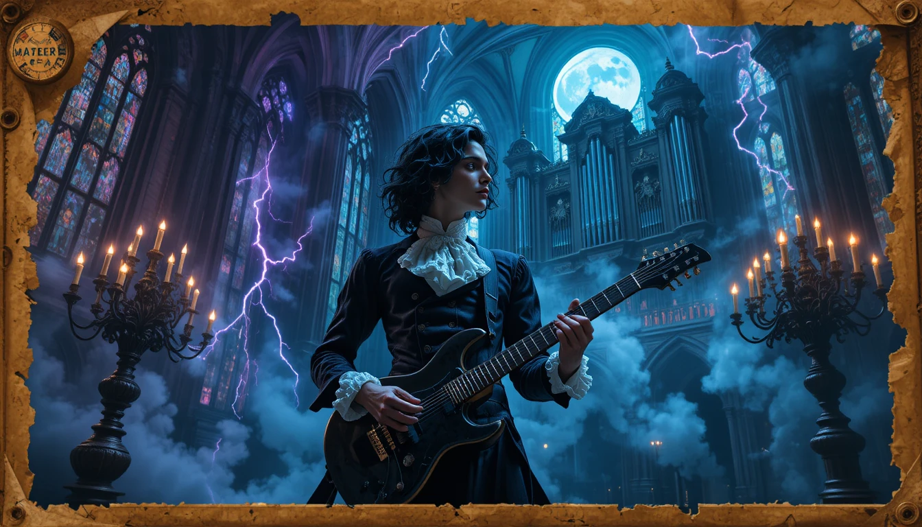 Nobleman With Electric Guitar In Storm Lit Gothic Cathedral