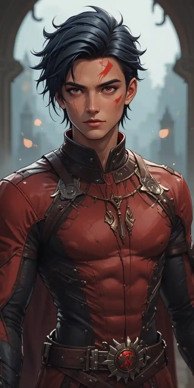 Young draconic warrior with golden eyes in anime style