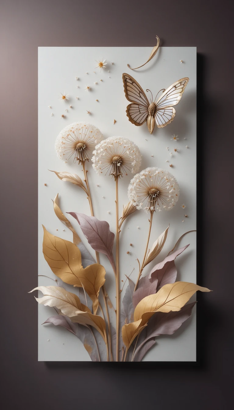 Minimalist 3D dandelions with butterfly and gold accents