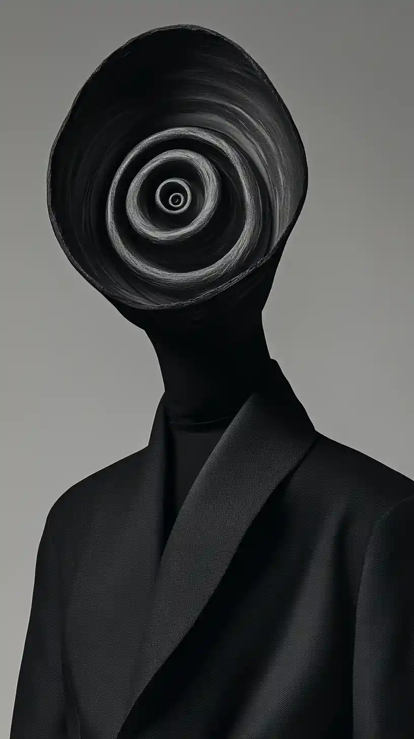 Surreal couture portrait with spiral skull illusion