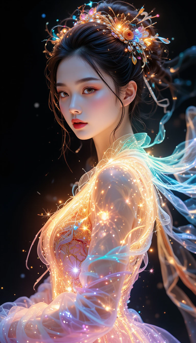 East Asian woman in rainbow energy couture against black background