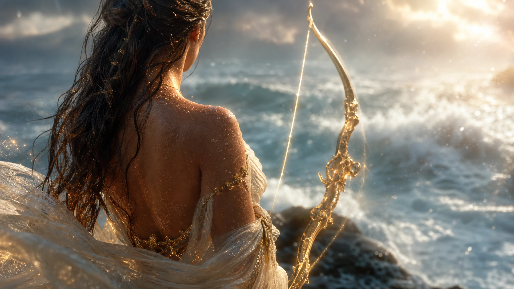 Vista di spalle di una donna luminosa sopra un oceano nebbioso