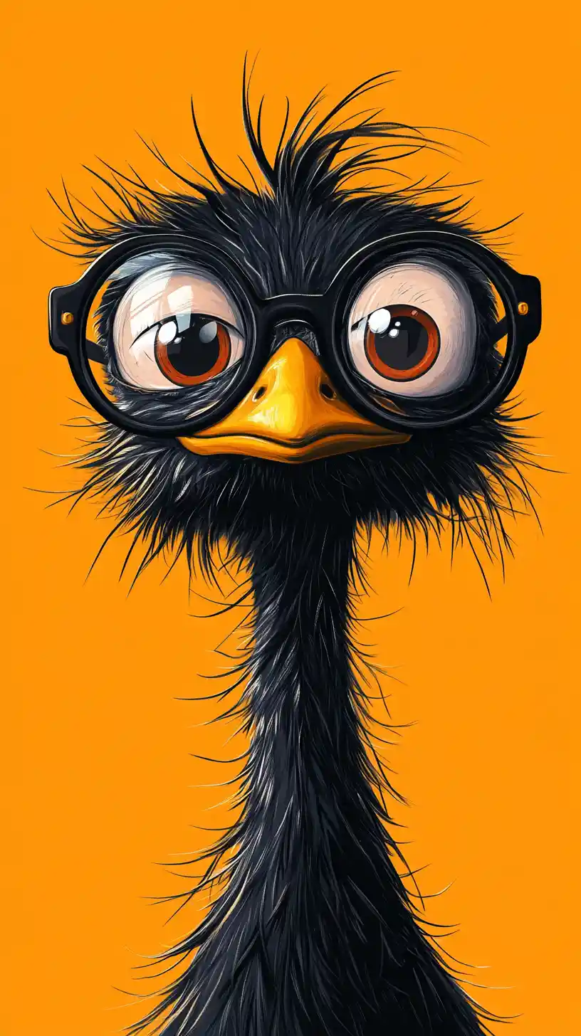 Sarcastic cartoon emu portrait with huge nerdy glasses