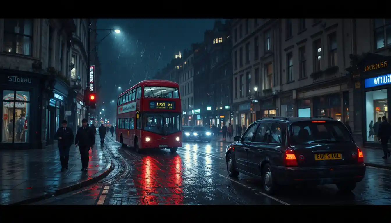 Dark Rainy London Street With Bus And Taxi At Night