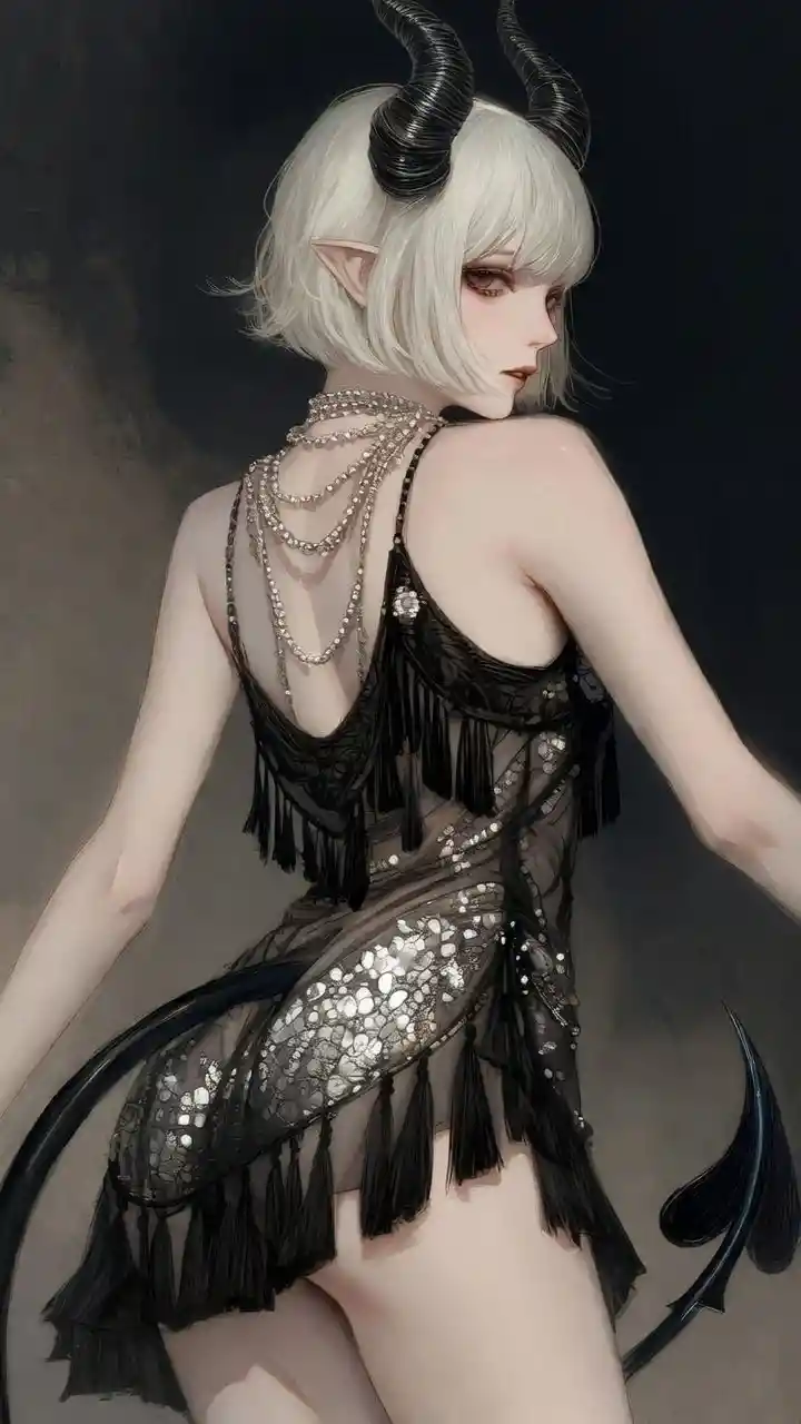 Flapper inspired tiefling woman in low angle back view