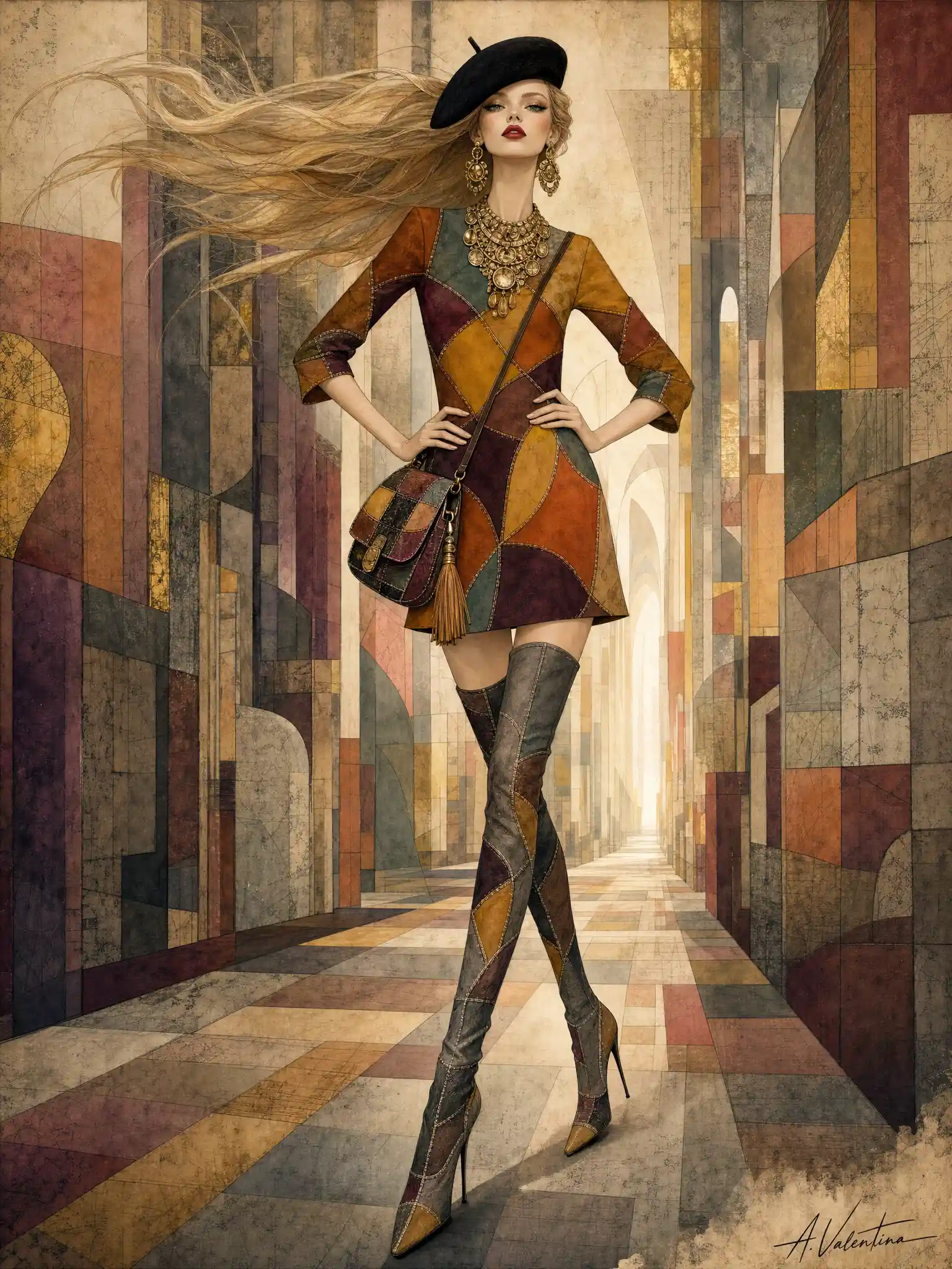 Donna fashion surreale in corridoio art déco – illustrazione
