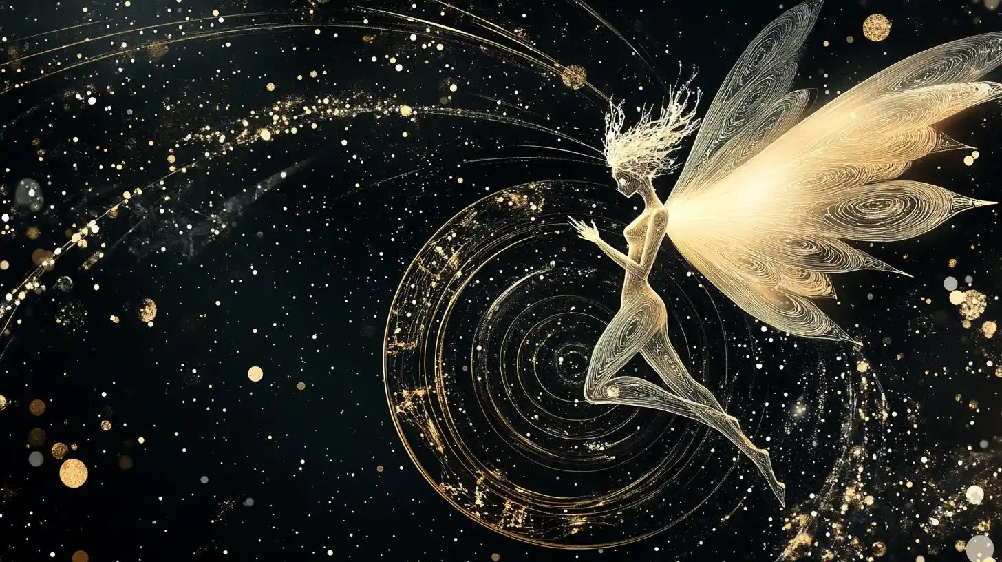 Luminous fairy floating in deep space with orbiting shapes