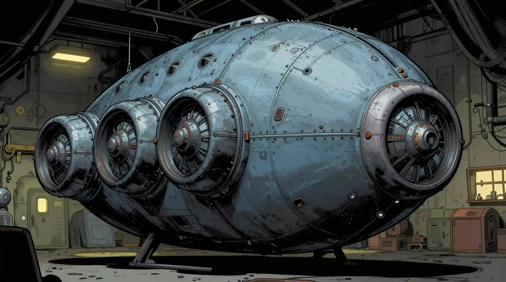 Vintage sci fi spaceship in a dim industrial hangar