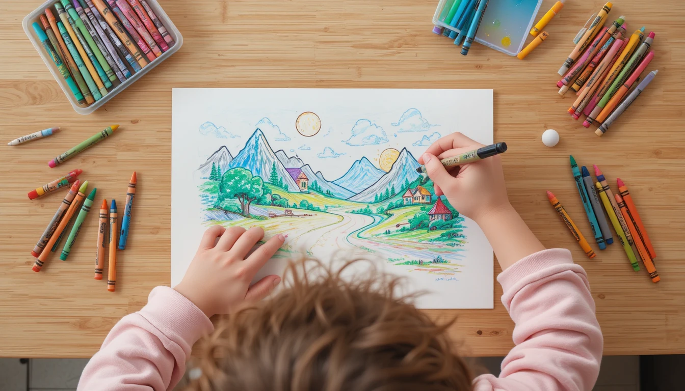 Top down view of a young child coloring a simple landscape