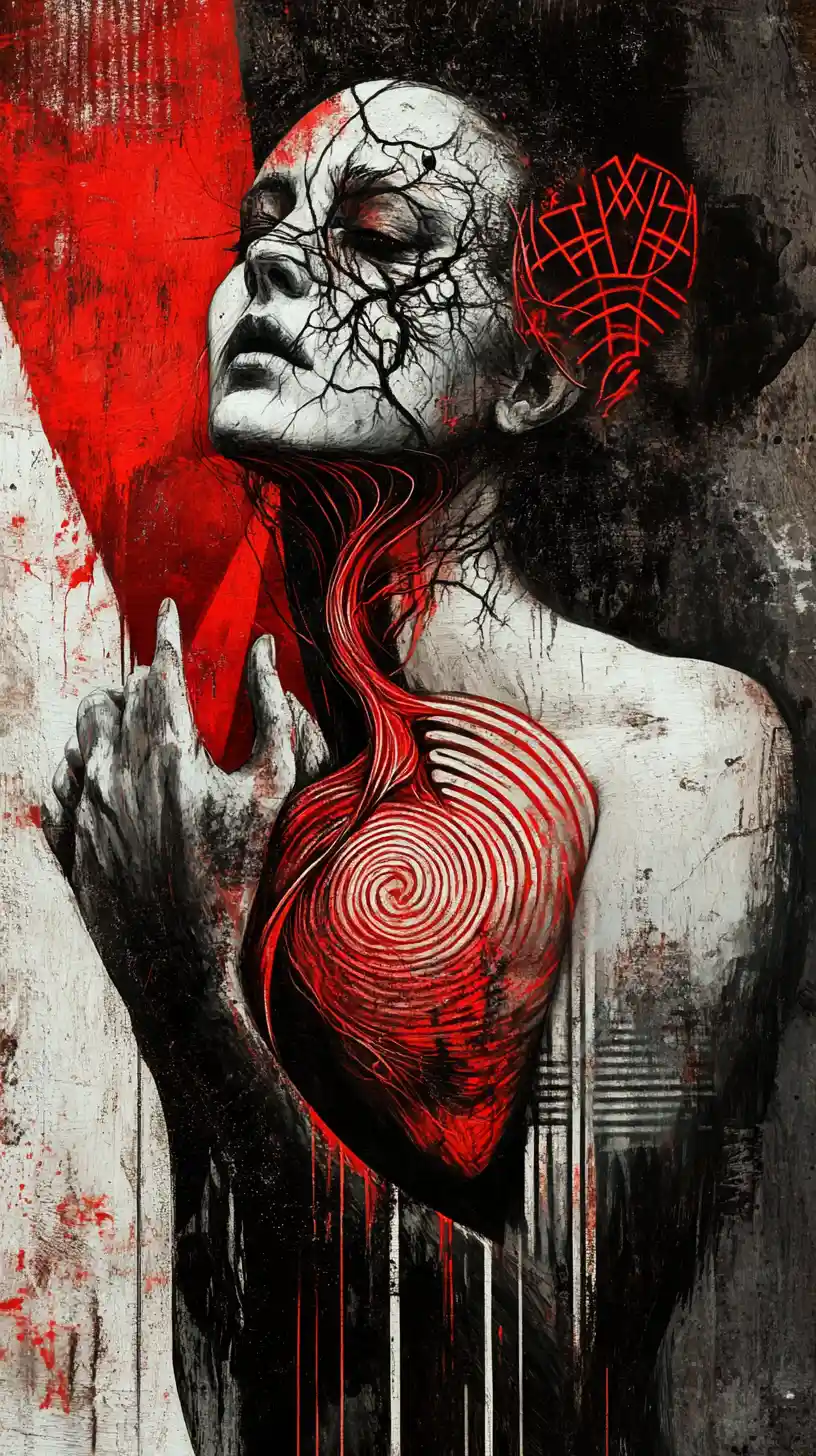 Fata dark fantasy con cuore a spirale e sguardo calmo