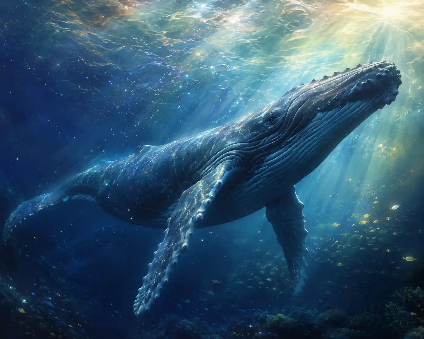 Humpback whale gliding through deep ocean in soft airbrush style