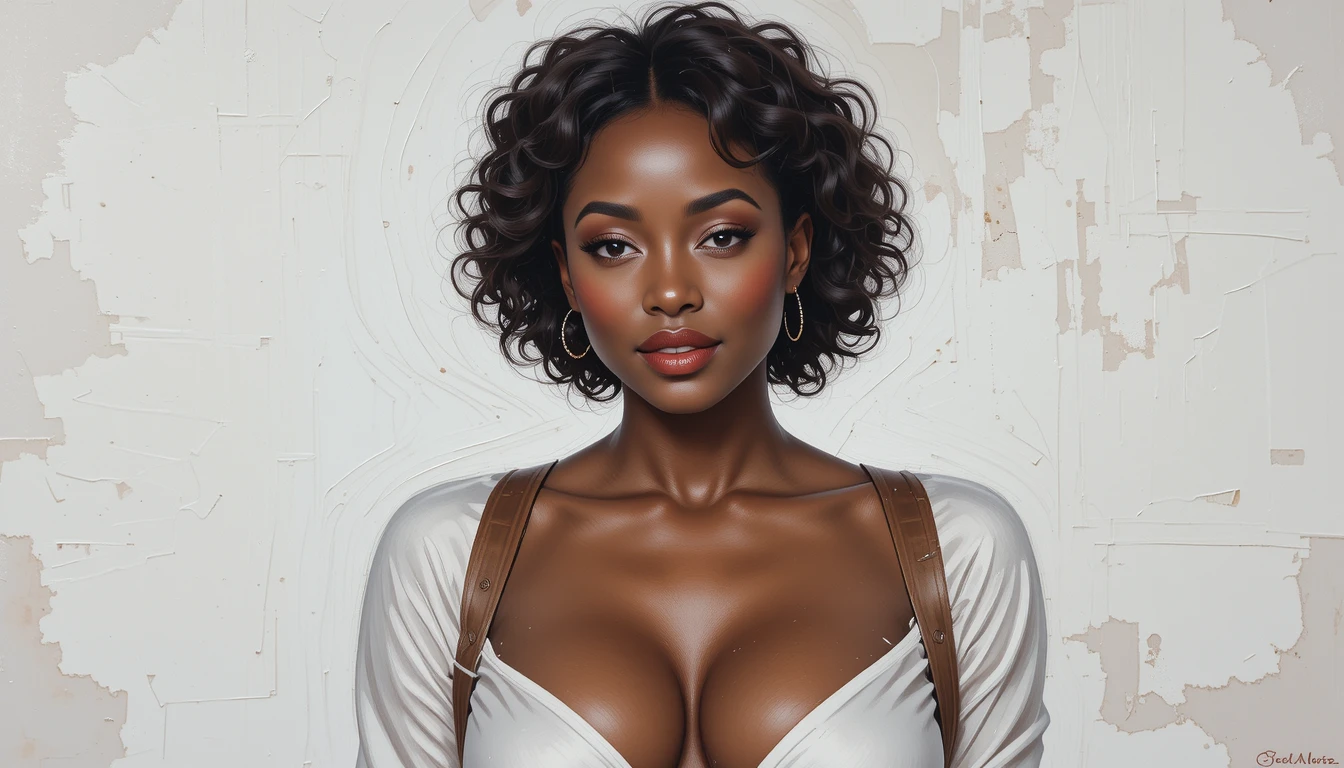 Sensual woman in white blouse against plain white background