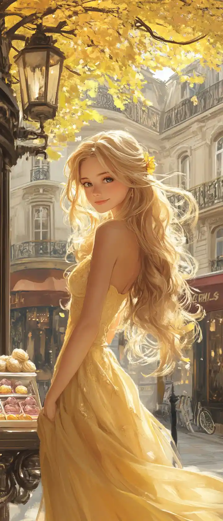 Young woman in yellow dress at romantic Paris ice cream parlor