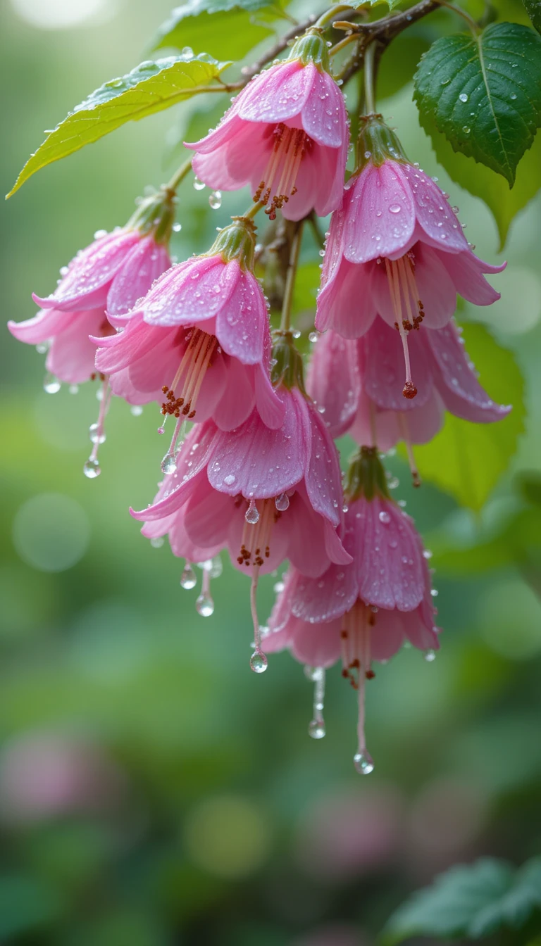 Pink bellflowers with dewdrops in soft morning light
