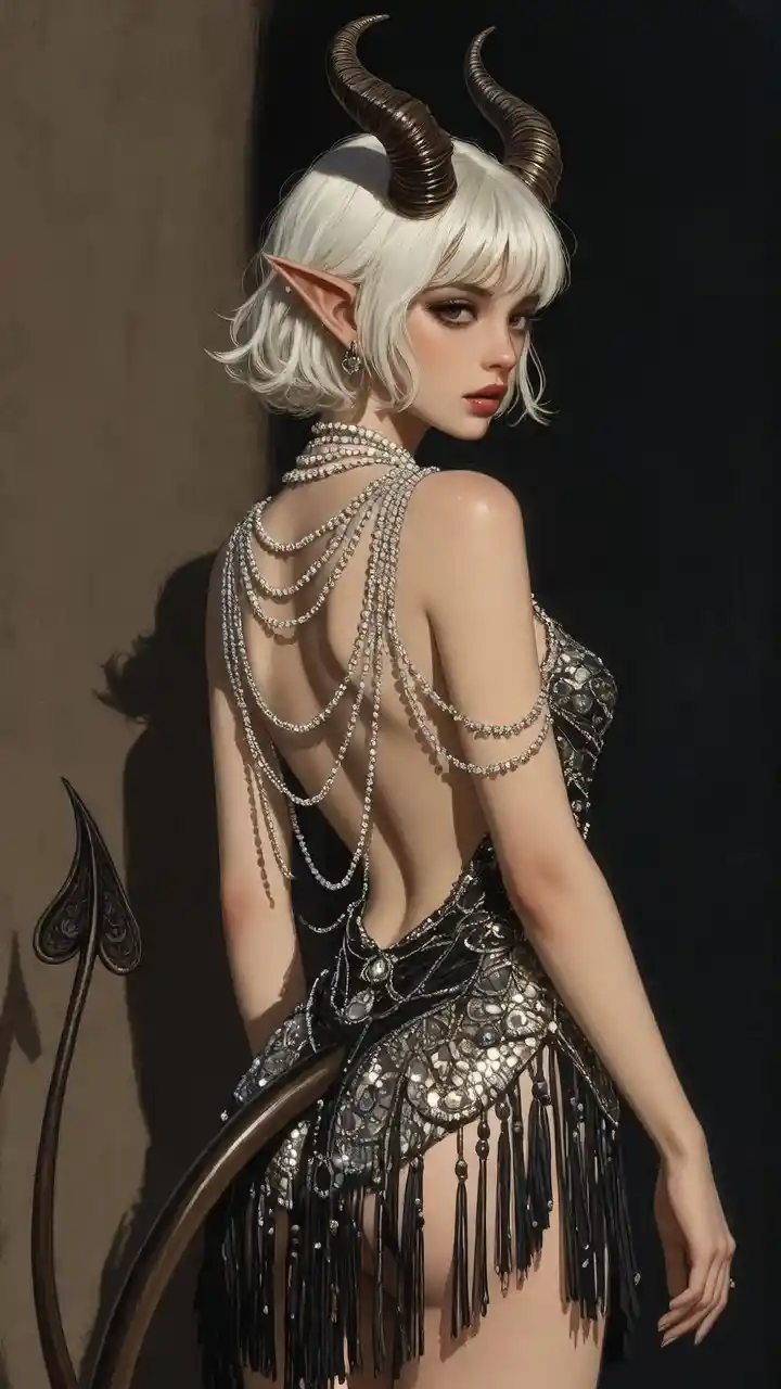 Flapper inspired tiefling woman in low angle back view