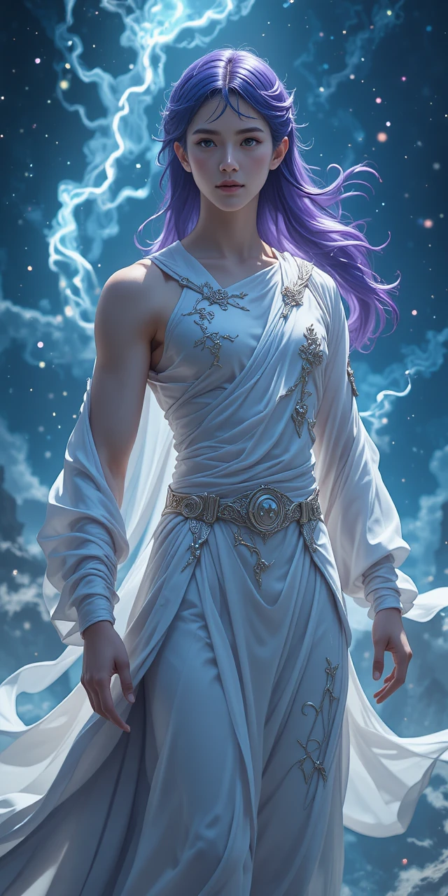 Air elemental anime man with flowing pale garments