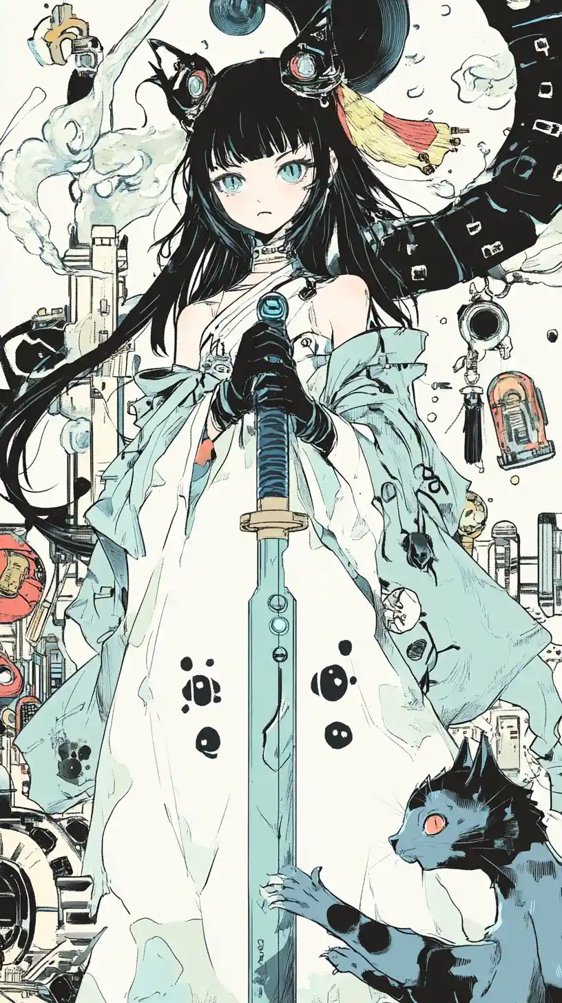 Futuristic spear with light blue blade and kitten engraving
