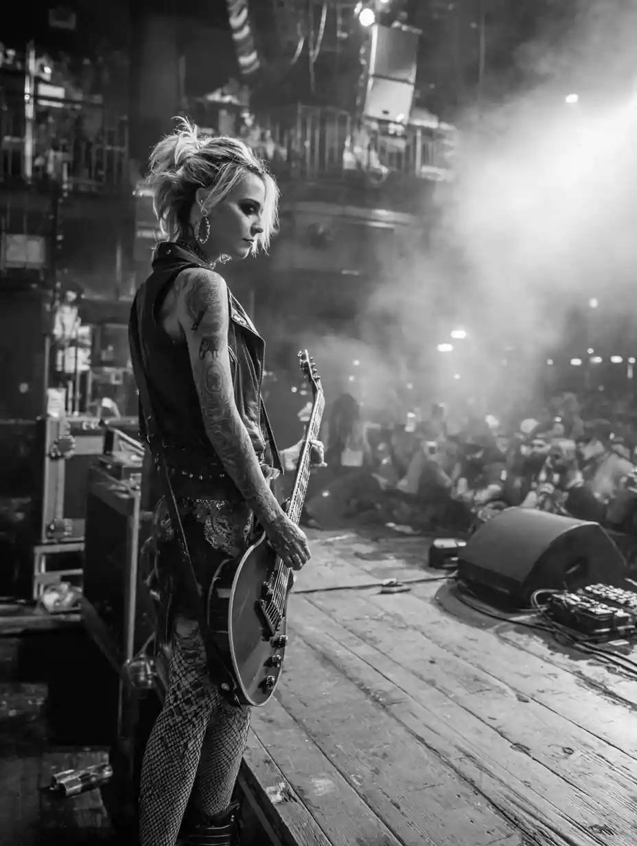 Brooding female guitarist on stage in smoky concert venue