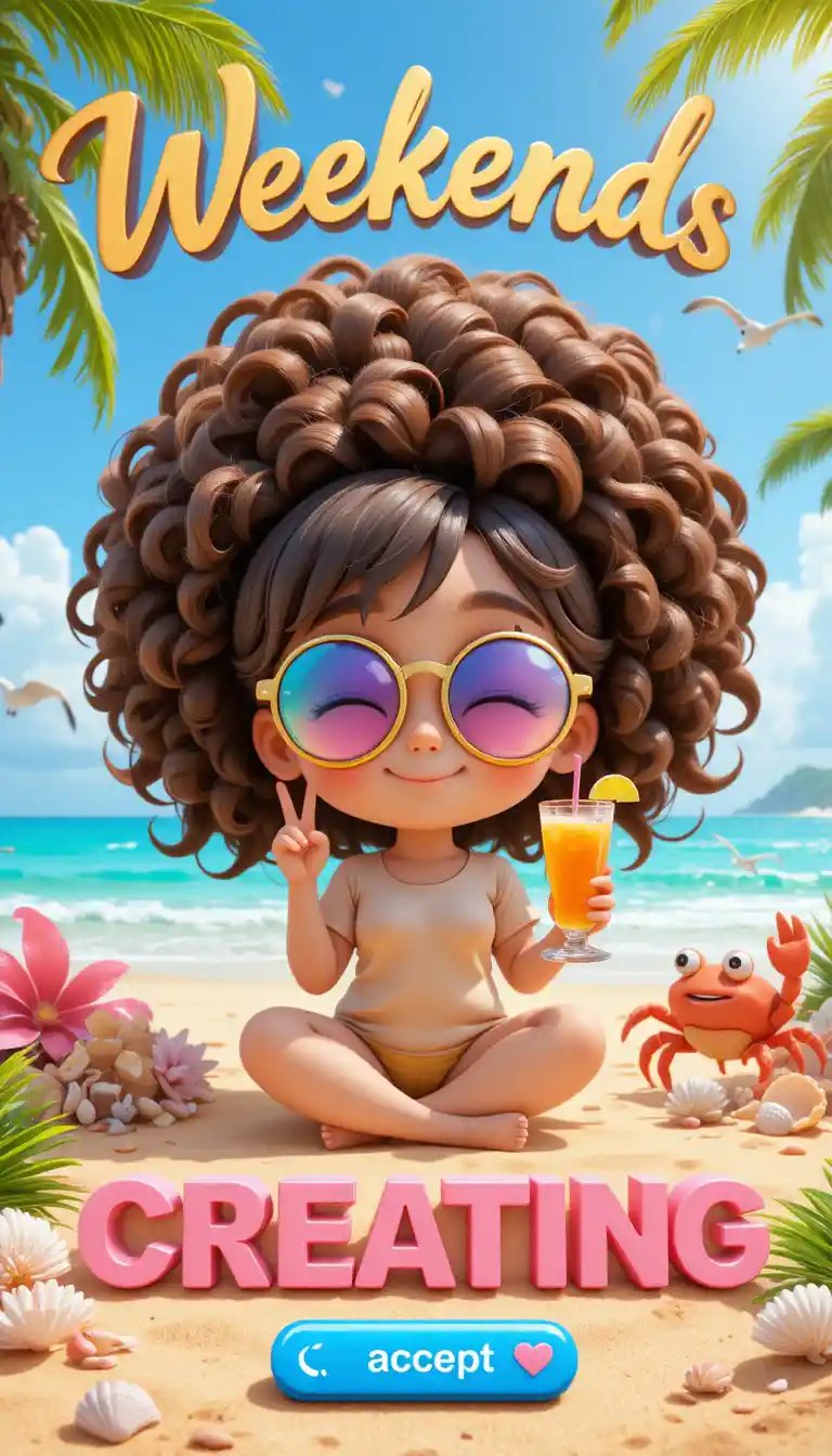 Chibi girl relaxing on a sunny tropical beach weekend