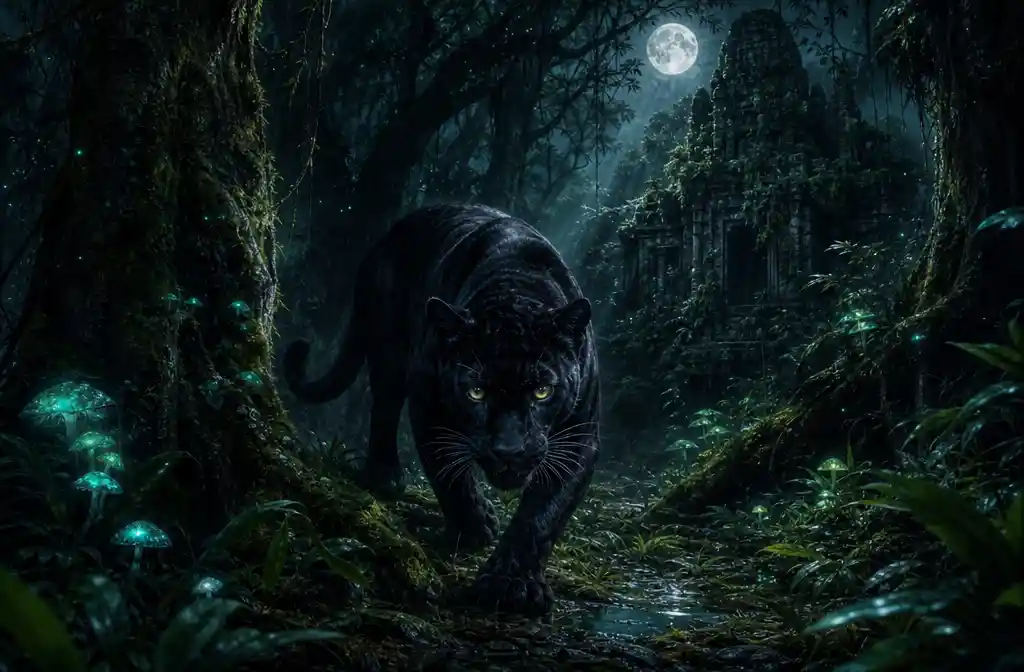 Black panther stalking through moonlit rainforest at night
