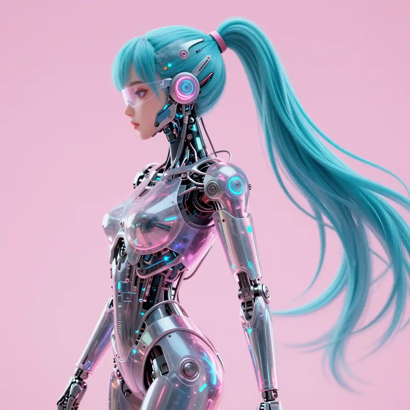 Futuristic female android with neon visor in profile view