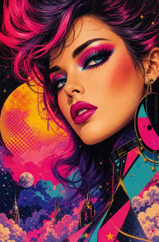 Vibrant pop art close up of a glamorous girl face