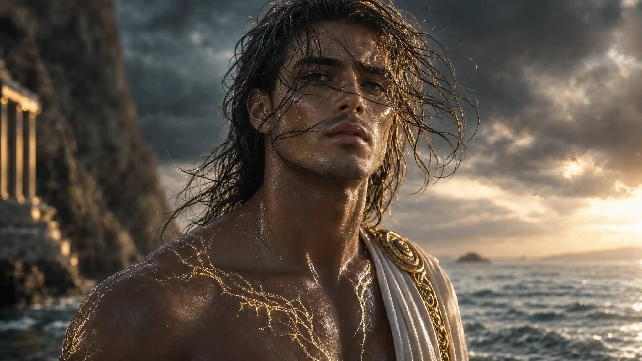 Close up portrait of a fierce man before a stormy sea