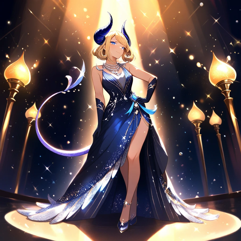 Seductive tiefling woman in a shimmering flapper dress