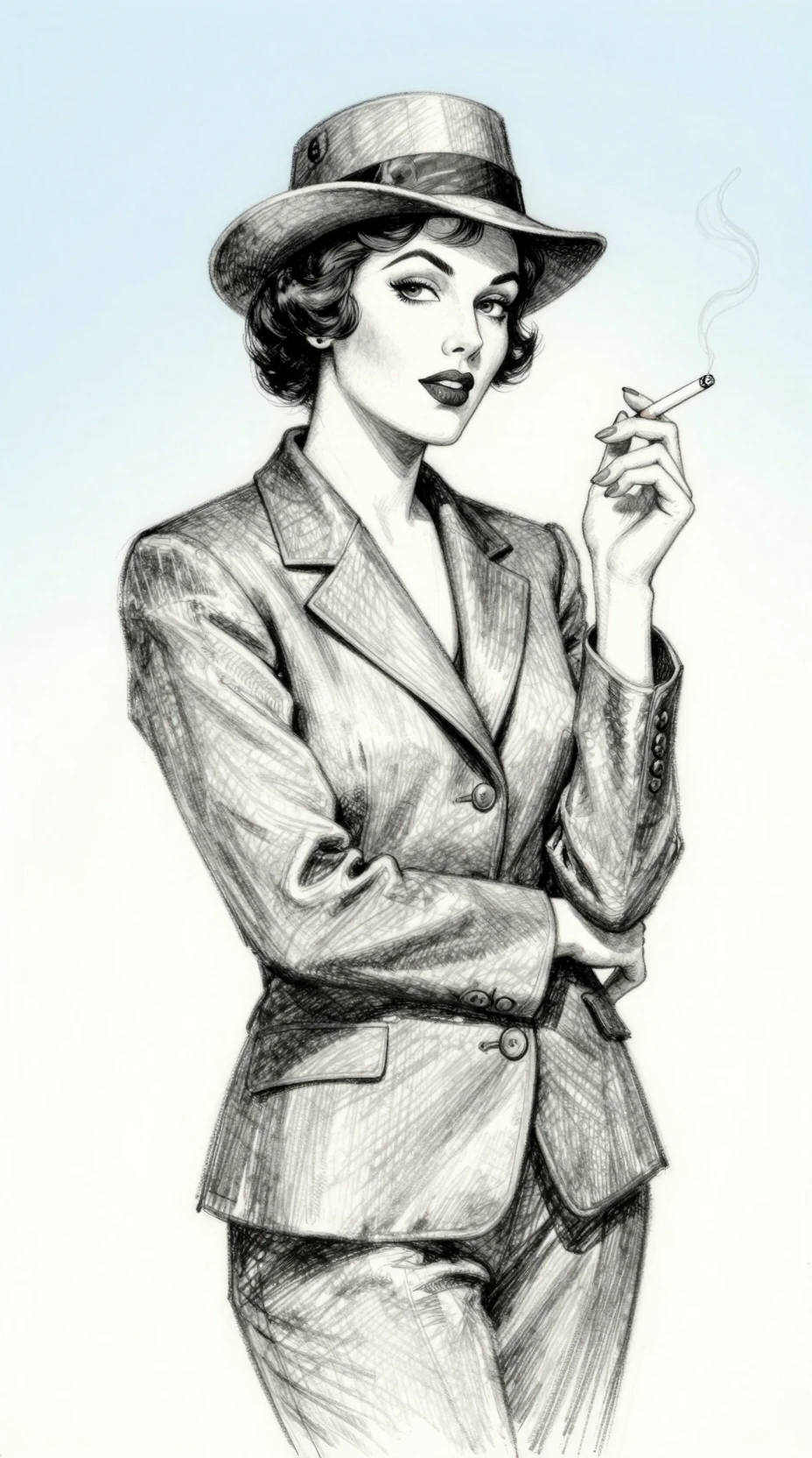 Confident woman in brown suit with cigarette and hat
