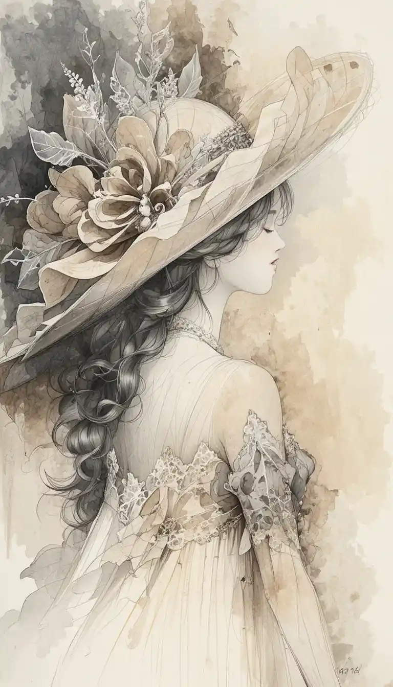 Elegant large hat with delicate lace in soft pastel tones