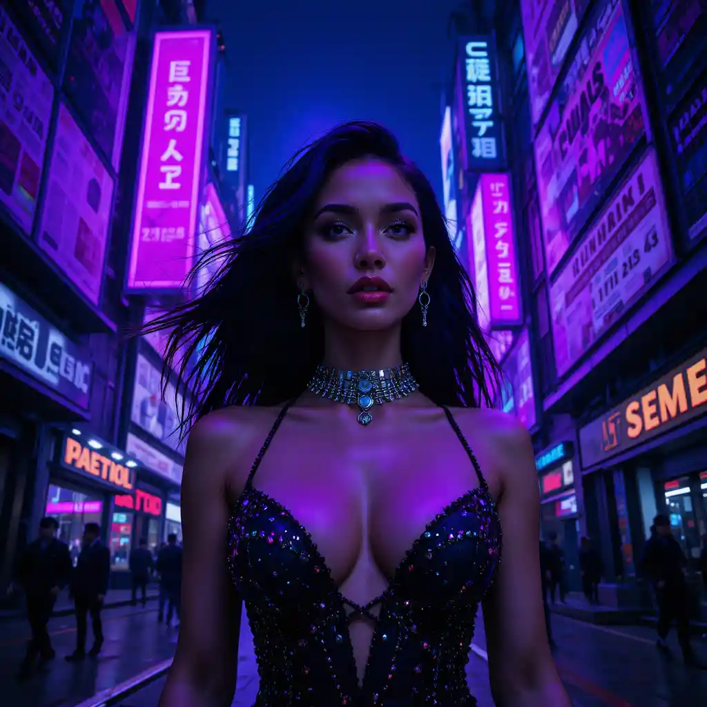 Neon lit femme fatale portrait in futuristic city street