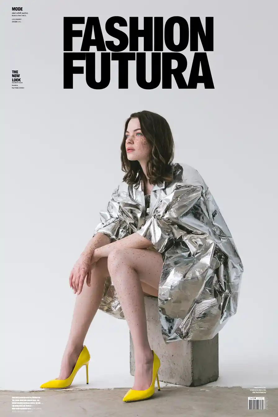 Freckled woman in metallic jacket on fashion magazine cover