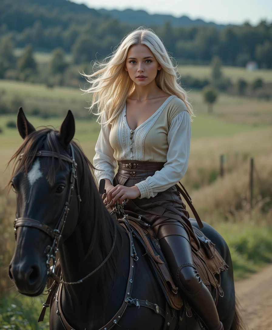 Young rider on black stallion along a medieval road