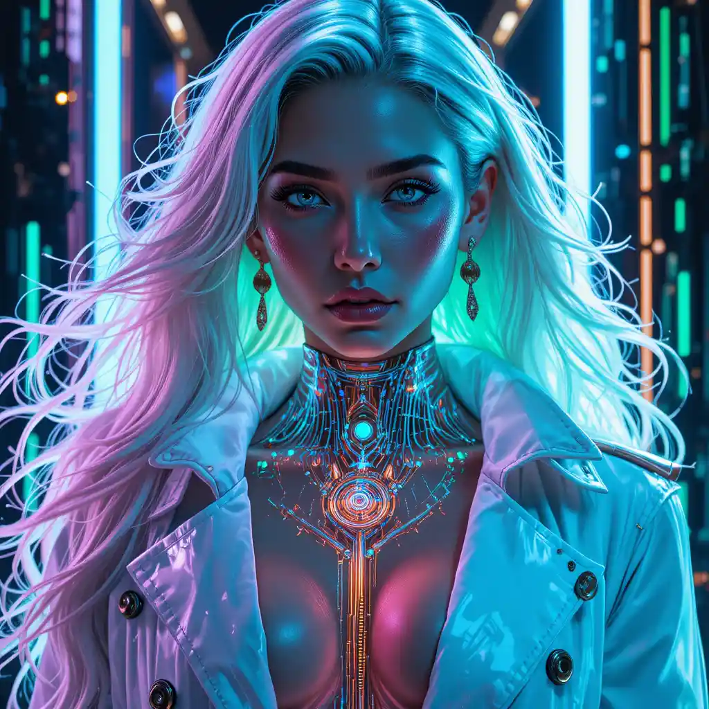 Futuristic femme fatale portrait with neon cybernetic details