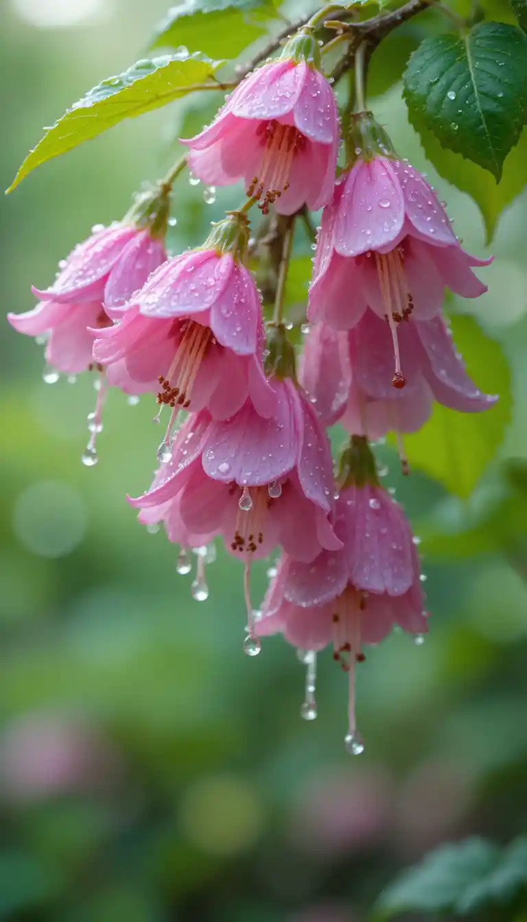 Pink bellflowers with dewdrops in soft morning light