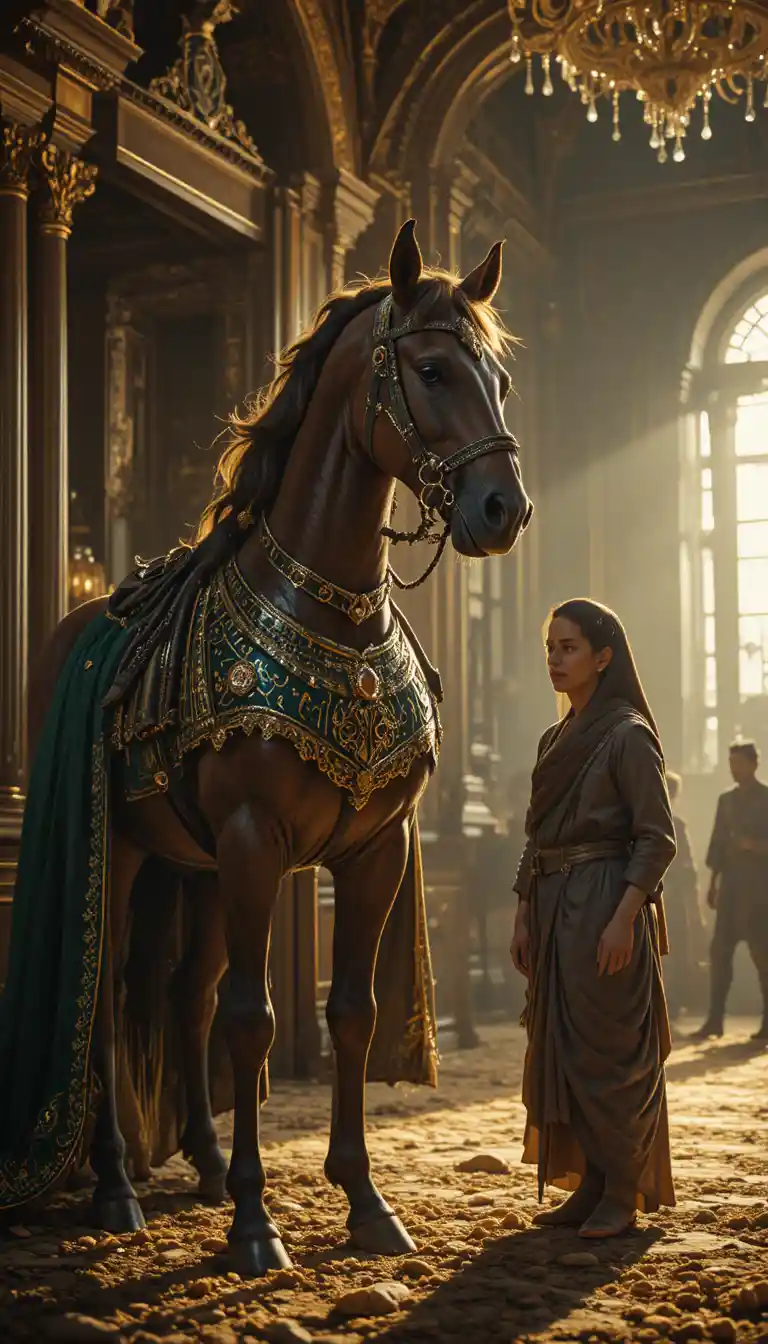 Majestic armored horse standing proudly in a royal stable