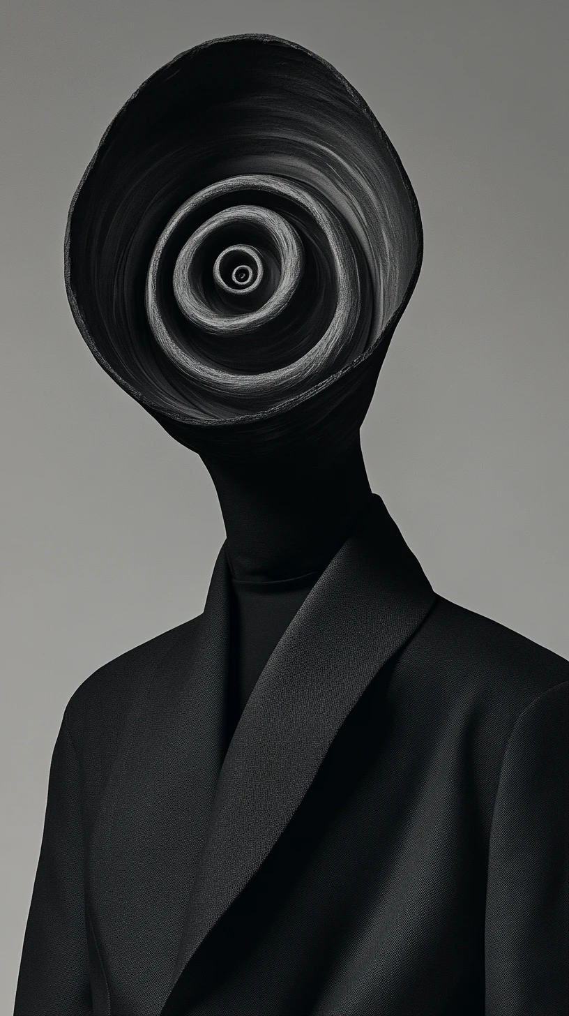 Ritratto couture surreale con illusione di teschio a spirale