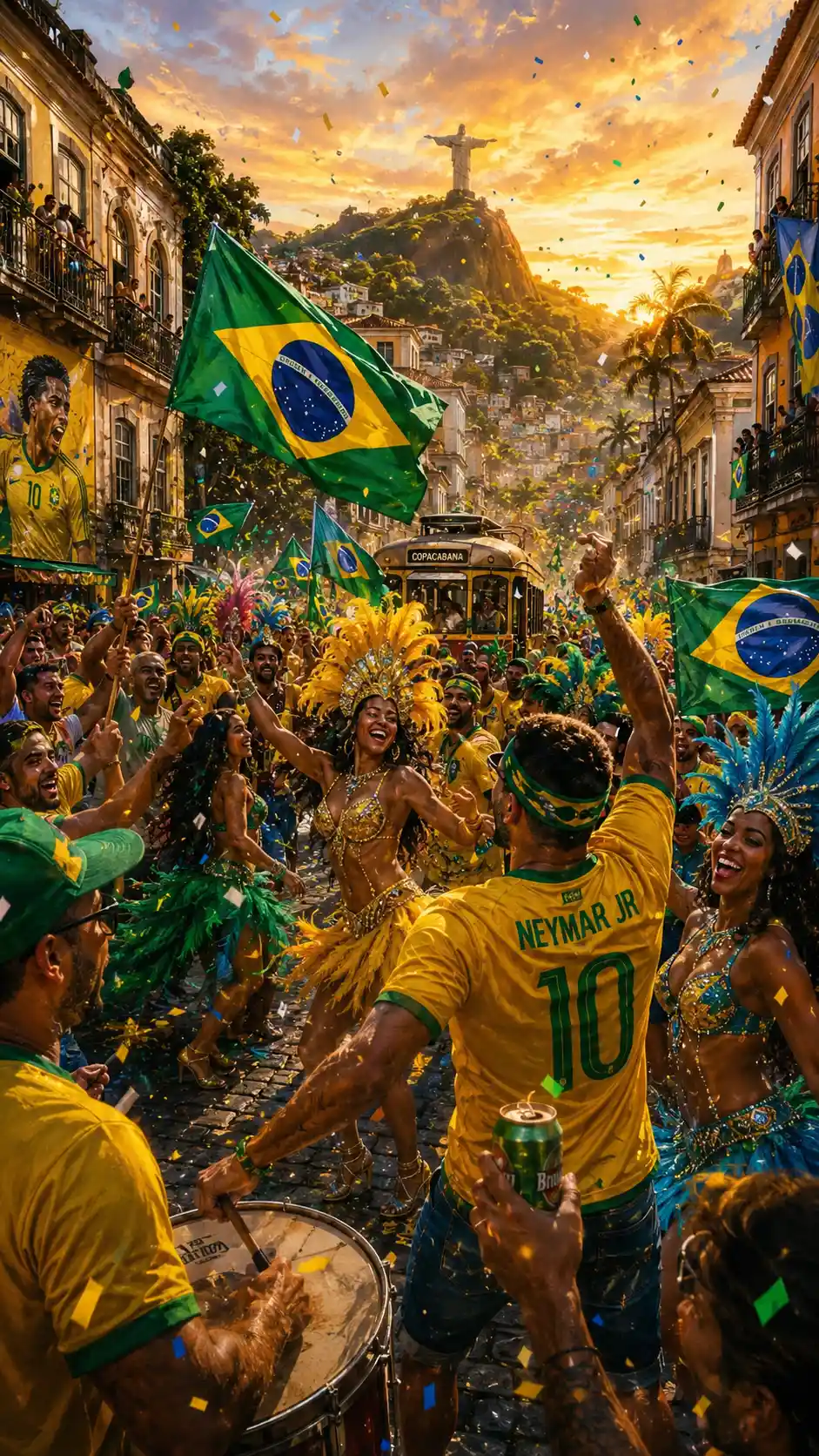 Supporters brésiliens en fête dans une rue animée de Rio