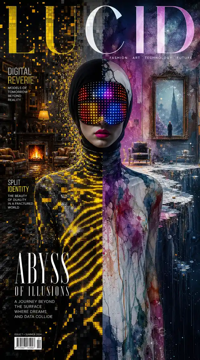 Woman in neon mask with glitching sci fi portrait