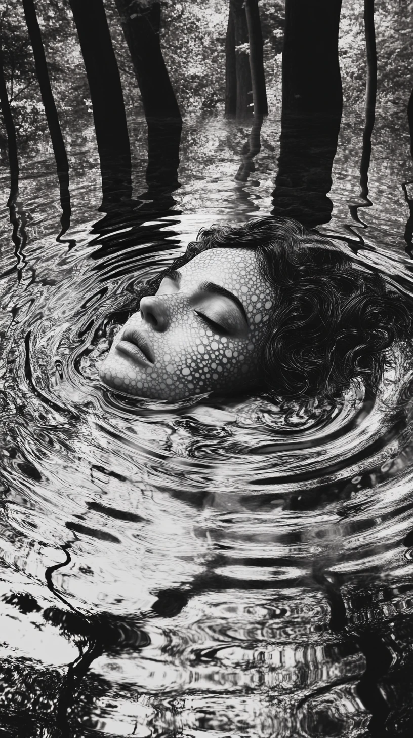 Forest nymph rising from a rippling monochrome pool