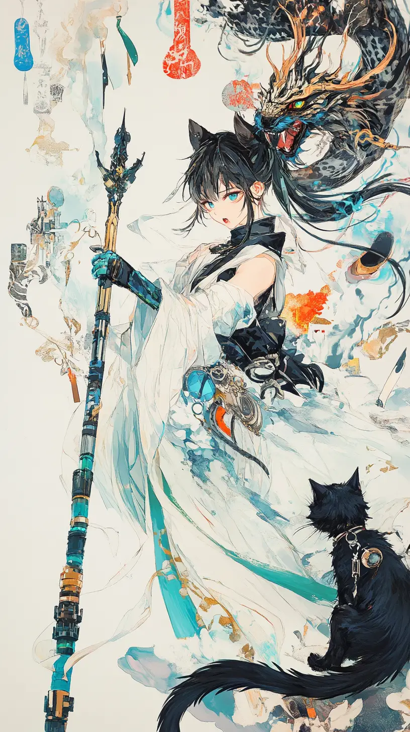 Futuristic spear with light blue blade and kitten engraving