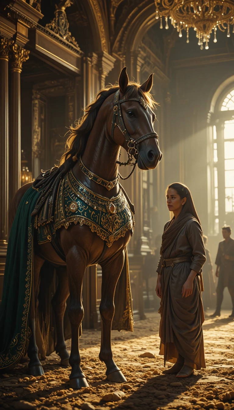 Majestic armored horse standing proudly in a royal stable