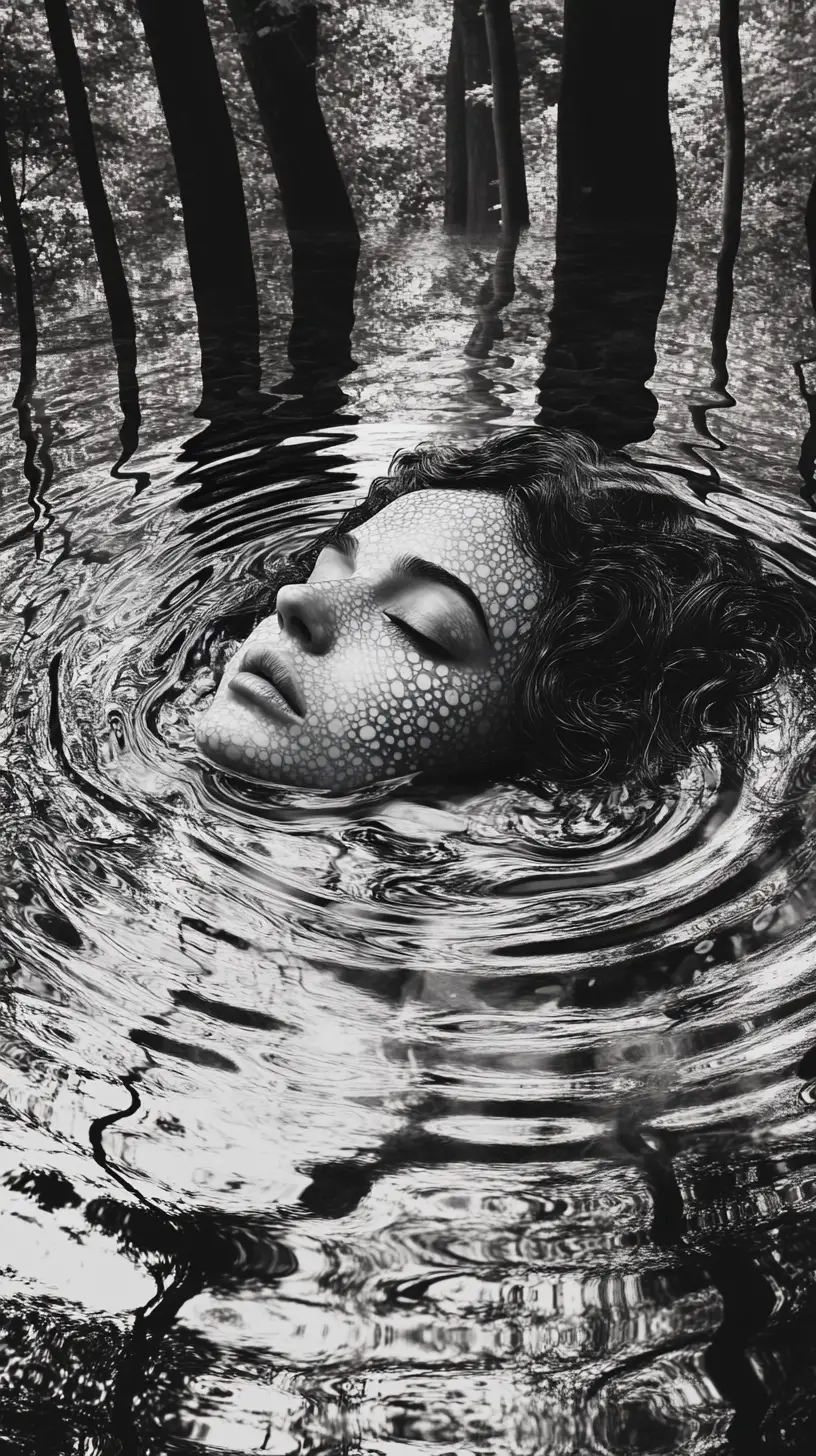 Forest nymph rising from a rippling monochrome pool