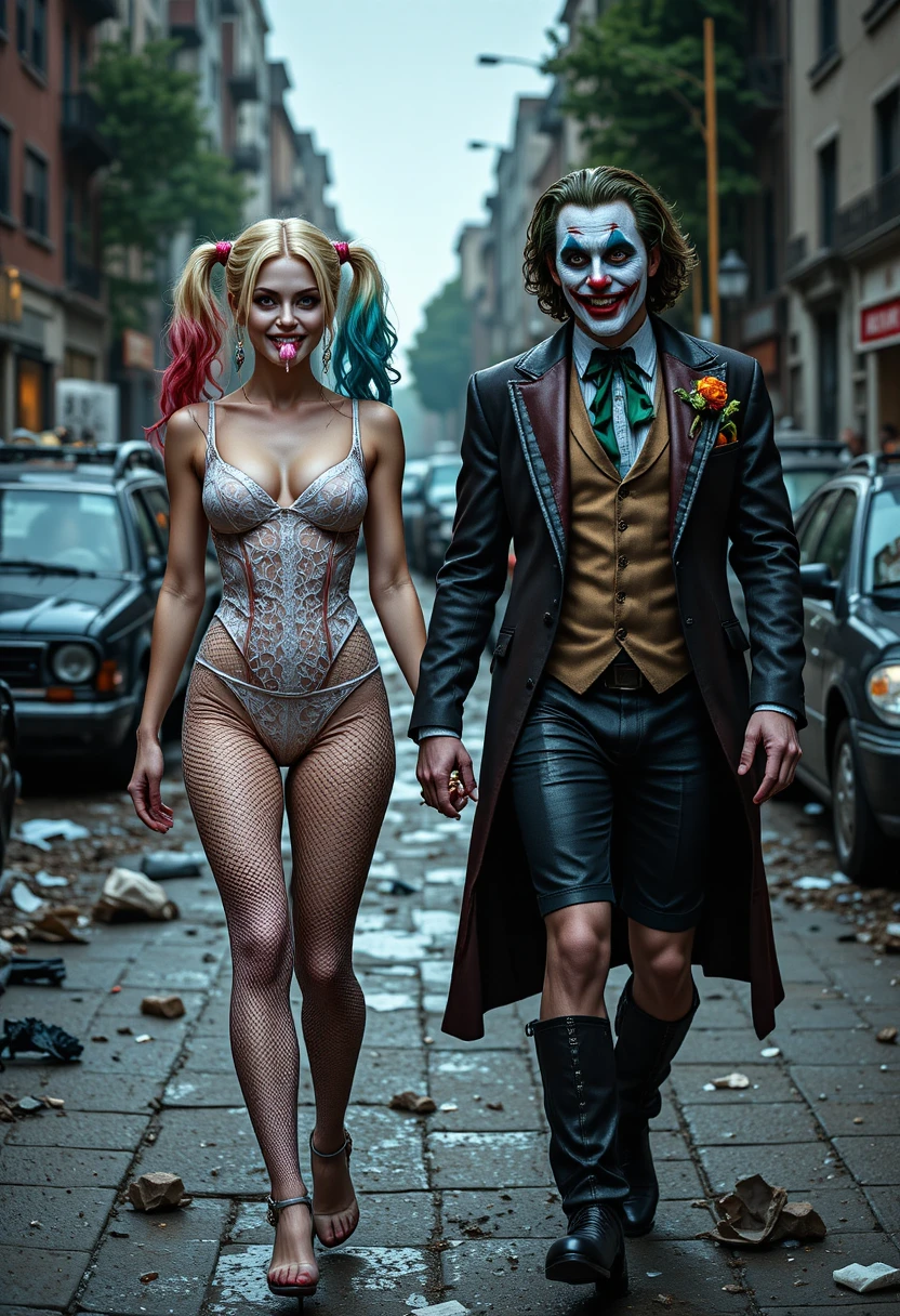 Chaotic couple walking hand in hand down the city street
