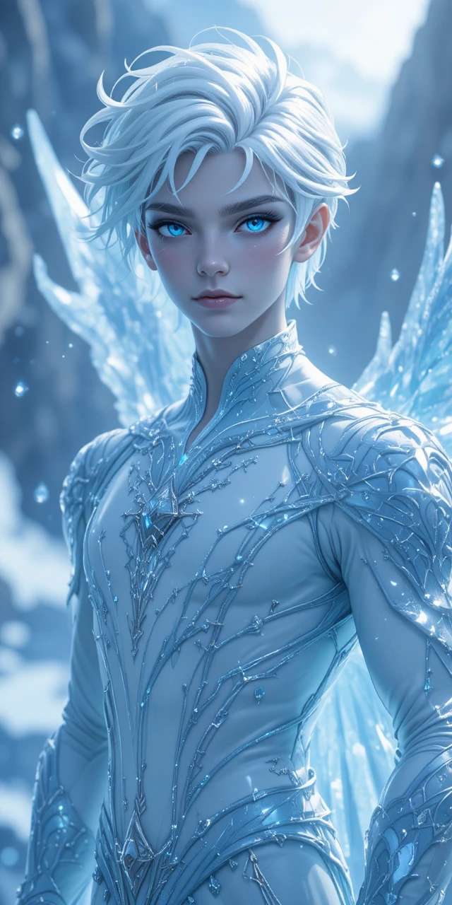 Ice phoenix anime man with glowing crystalline wings