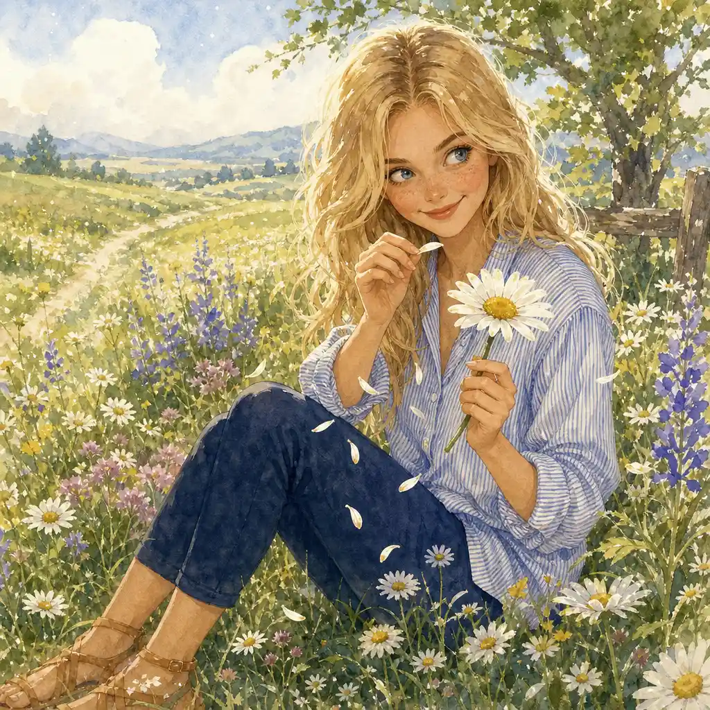 Blonde girl plucking a daisy in a dreamy watercolor field