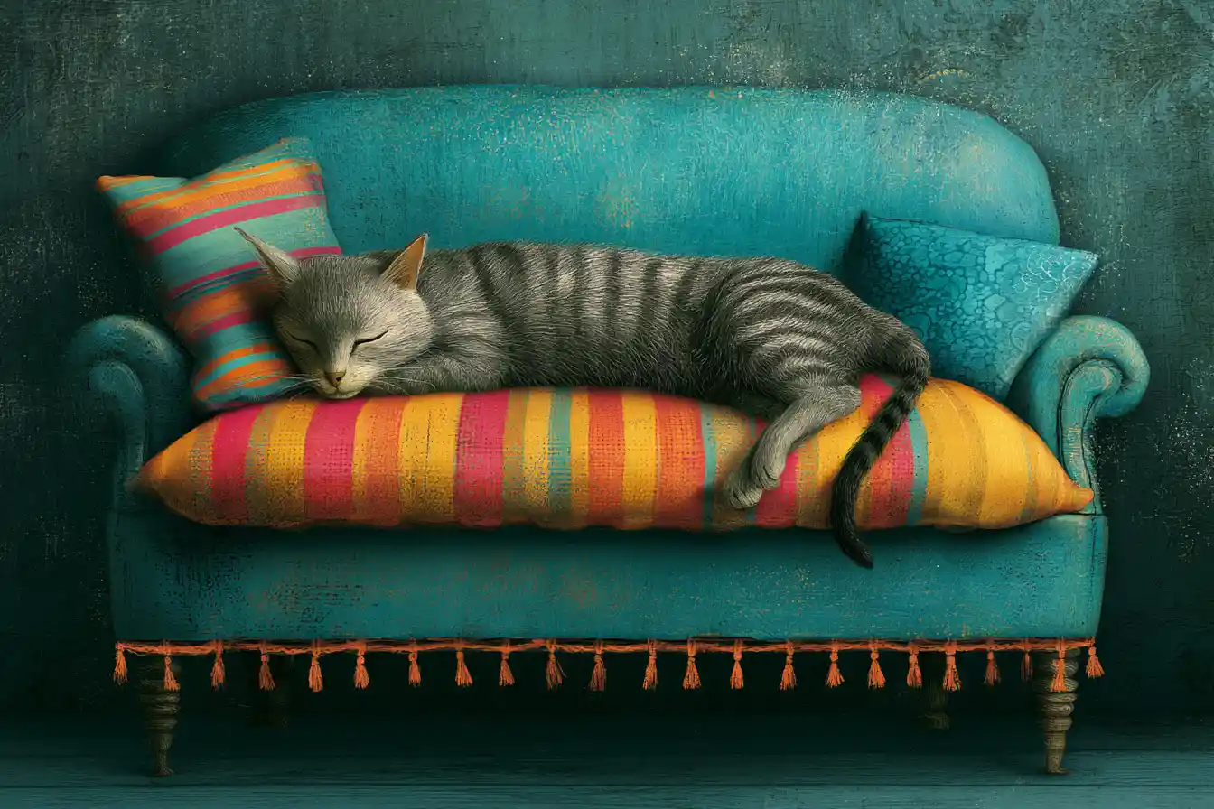 Sleeping grey tabby cat on a cozy sofa illustration