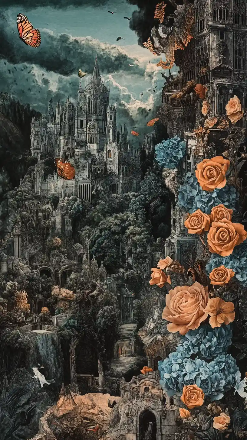 Dark fantasy city and roses in dramatic vertical artwork