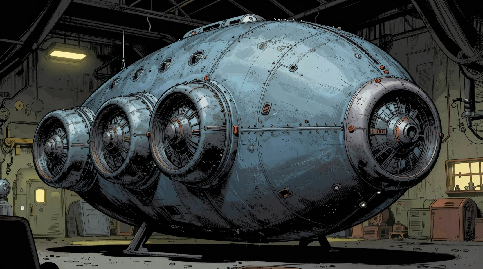 Vintage sci fi spaceship in a dim industrial hangar