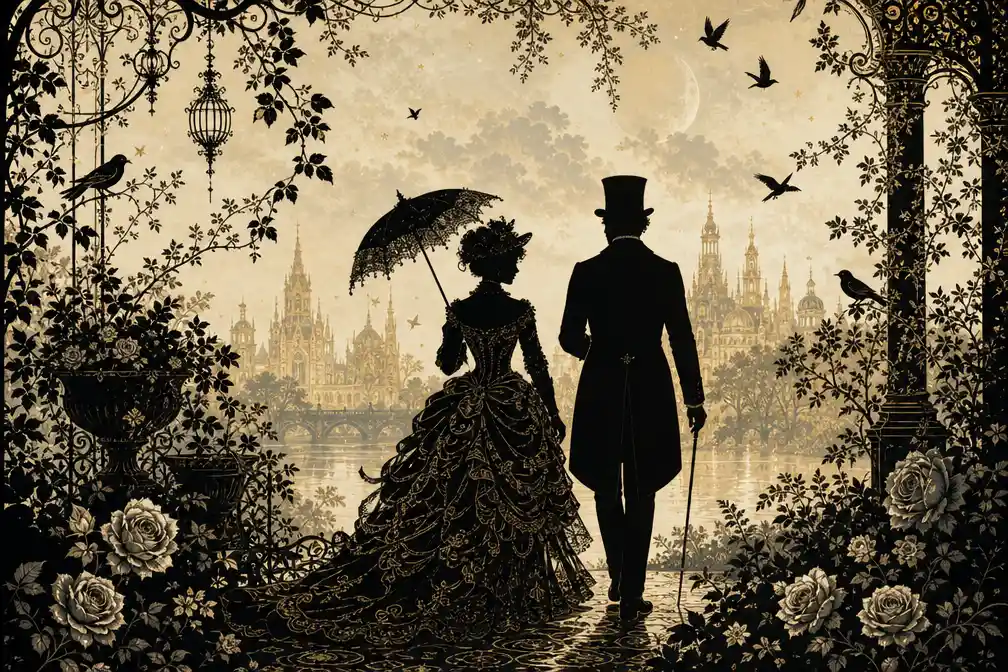 Victorian silhouette couple walking in an ornate garden